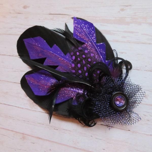 Black and Purple Glittered Small Feather Vintage Button Hair or Hat Clip - Wedding Party Gothic Fascinator Retro Headpiece - Ready Made