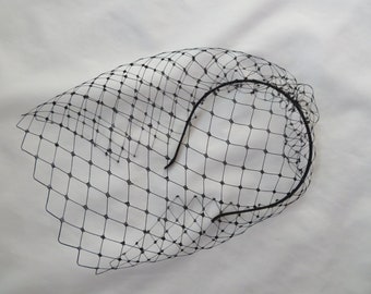 Black Birdcage Veil Short Blusher Merry Widow Bridal Brides Veils on a Satin Headband Band- Wedding Funeral - Made to Order