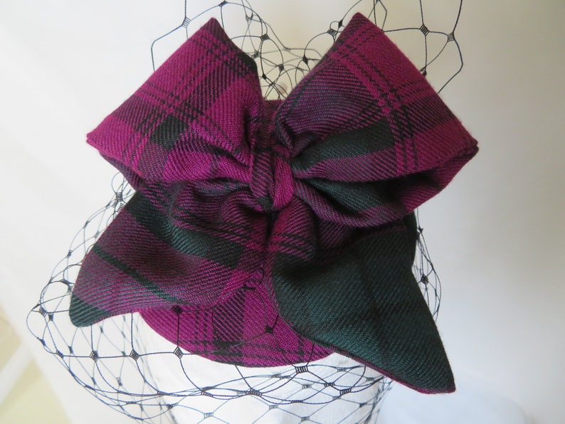 Magenta Black and Dark Green Elegant Tartan Bow Retro Vintage Wedding Percher Cocktail Fascinator Mini Hat Ready to Wear image 8