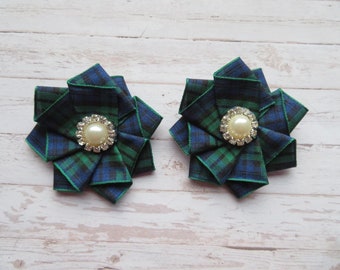 Black Watch Tartan Shoe Clips Green Shoe Clip Shoeclips Plaid Blackwatch Ruffles Ivory Pearl Stud Highland Clan - Made to Order