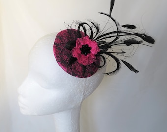 Fuchsia Hot Pink & Black Lace Feathers Sinamay Crystal Retro Vintage Style Mini Cocktail Hat Fascinator Wedding - Ready to Wear