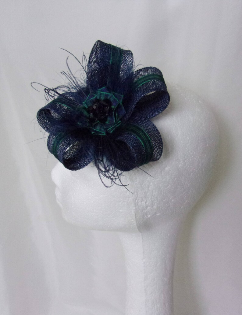Scottish Burns Night Made to Order Navy Blue Fascinator Sinamay Loop with Blackwatch Tartan Mini Hair Clip Headpiece with Feathers