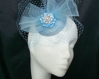 Pale Baby Sky Blue Vintage Style Blusher Veil & Crinoline Wedding Fascinator Headpiece Mini Hat  - Made To Order