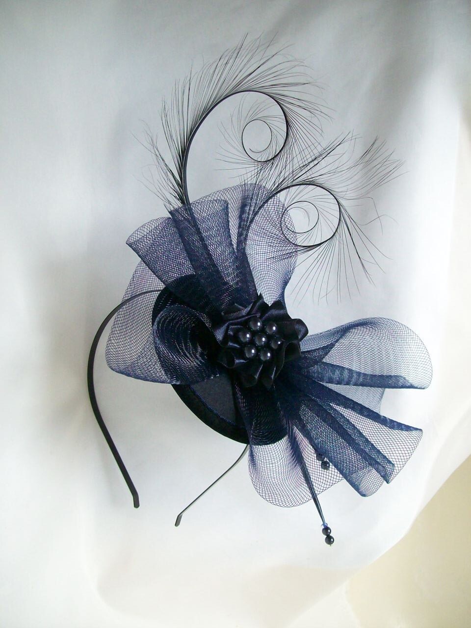 Navy Blue Fascinator Midnight Curl Feather Crinoline & Etsy UK