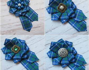 Douglas Ancient Blue Tartan Ruffle Rosette Mini Brooch Pin Scottish Plaid Ribbon Pearl Wedding Buttonhole Corsage Gift - Made to Order