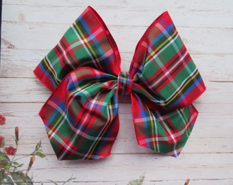 Royal Stewart Red & Green Tartan Hair Bow - Girls Accessories Bows Clip in Bows - Plaid Celtic Style Wedding Party - Ready Made