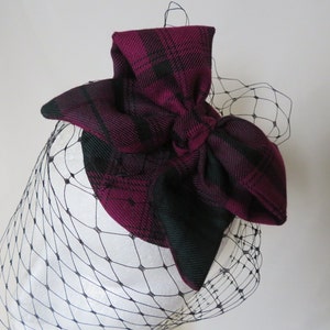 Magenta Black and Dark Green Elegant Tartan Bow Retro Vintage Wedding Percher Cocktail Fascinator Mini Hat Ready to Wear image 2