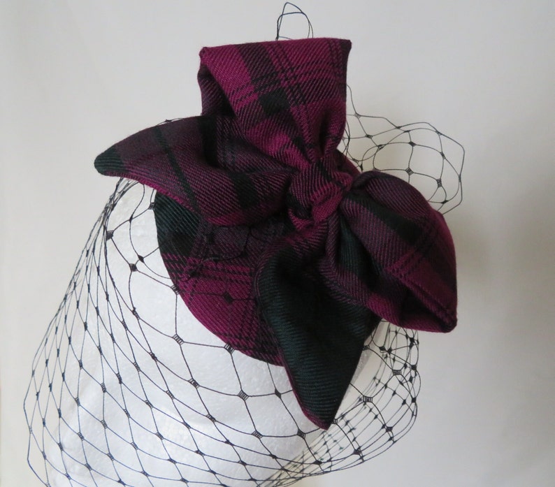 Magenta Black and Dark Green Elegant Tartan Bow Retro Vintage Wedding Percher Cocktail Fascinator Mini Hat Ready to Wear image 2