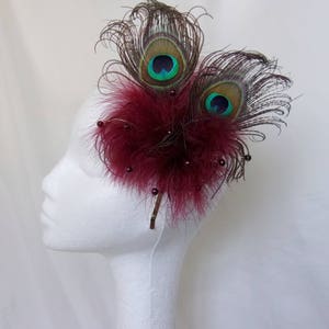 Burgundy Peacock Fascinator Marsala Berry Wine Feather & Pearl Burlesque Victoriana Wedding Hair Comb or Headband Made to Order image 7