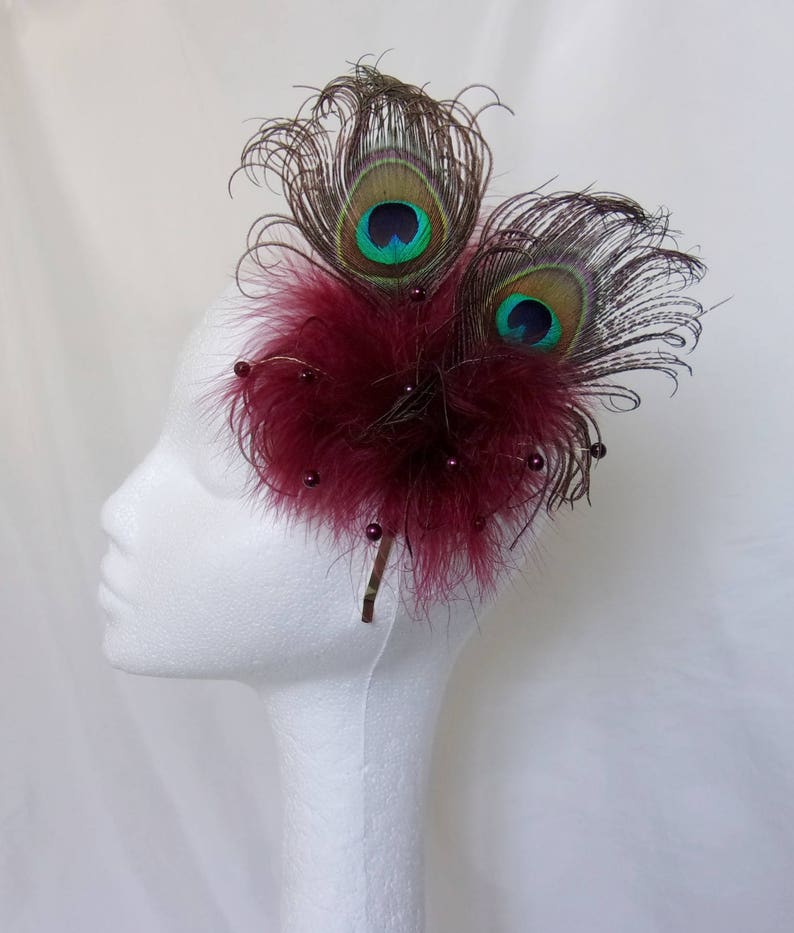 Burgundy Peacock Fascinator Marsala Berry Wine Feather & Pearl Burlesque Victoriana Wedding Hair Comb or Headband Made to Order image 7