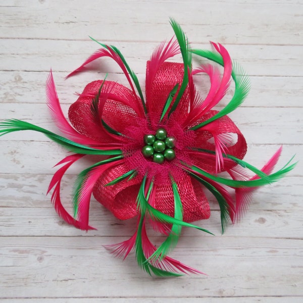 Cerise Raspberry Fuchsia Pink and Emerald Green Sinamay Loop Feather Clip Fascinator Mini Hat Headpiece Bag Wedding Races - Made to Order