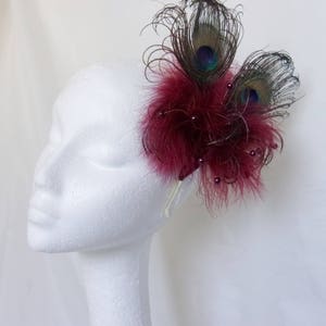 Burgundy Peacock Fascinator Marsala Berry Wine Feather & Pearl Burlesque Victoriana Wedding Hair Comb or Headband Made to Order image 5