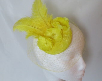 Bright Yellow Veil Cocktail Percher Hat with Ostrich Feathers Flower Blossoms Lace Retro Fascinator Headpiece - Wedding Vintage - Ready Made