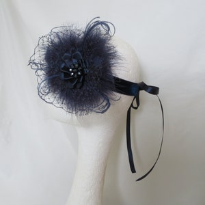 Navy Flapper Band  Vintage 1920s Style Bridal Ribbon Tie Head Band Roaring 20&#39;s Great Gatsby Veil Fluff Feathers Crystals-Made to Order