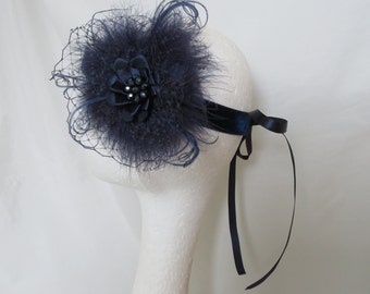 Navy Flapper Band  Vintage 1920s Style Bridal Ribbon Tie Head Band Roaring 20's Great Gatsby Veil Fluff Feathers Crystals-Made to Order