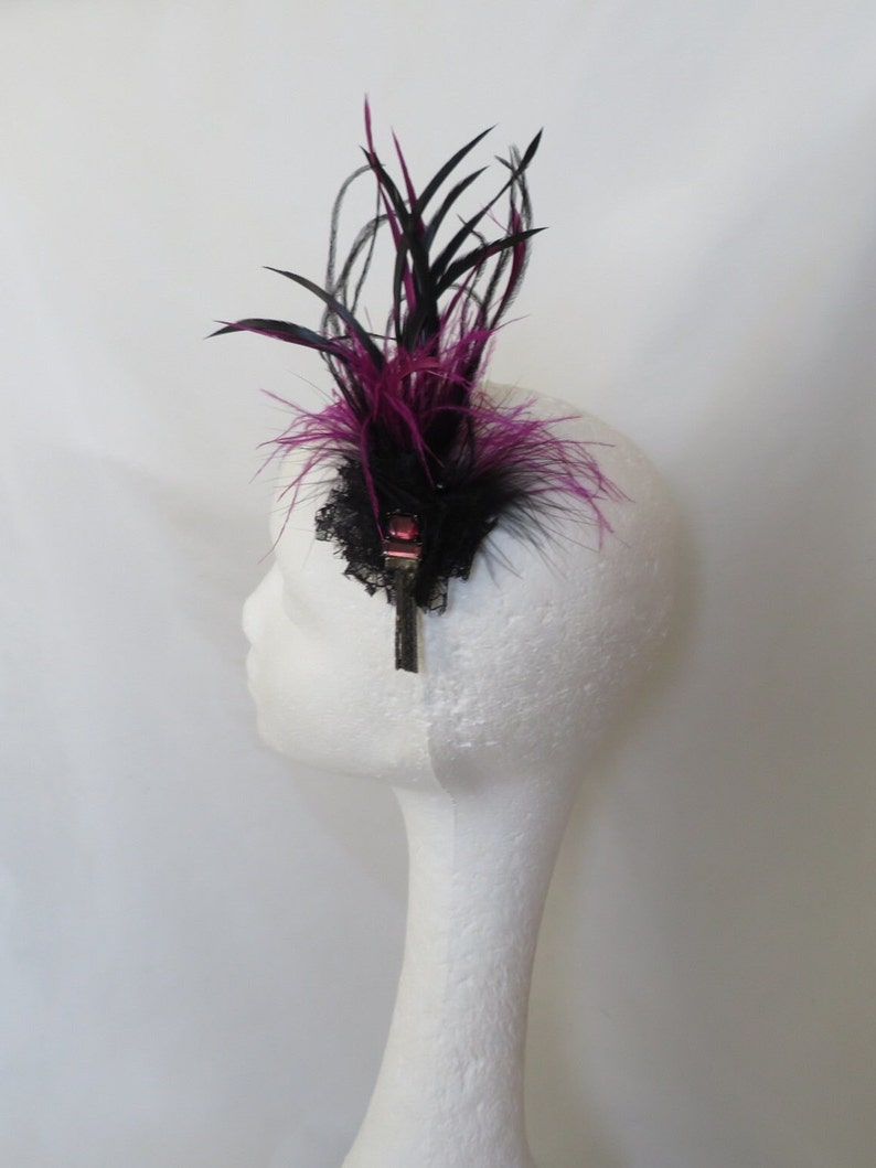 Black and Amethyst Purple Feather Plume Regency Style Vintage Clip in Updo Fascinator Headpiece Wedding Party Costume Ready Made image 5