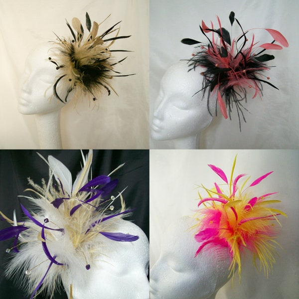Multicolour Mixed Feather Vintage Fascinator Large Showy Feathers Crystal Pearls Headband Headpiece Wedding Races Cosplay - Made to Order