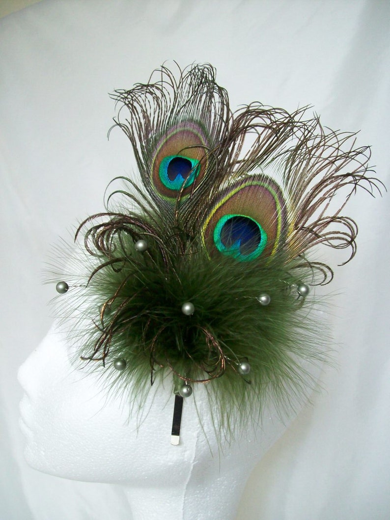 Olive Khaki Green Peacock Feather Pearl Crystal Chartreuse Vintage Regency Style Wedding Fascinator Party Races Made To Order image 6