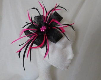 Schwarz und Hell Fuchsia Pink Sinamay Loop Fascinator MiniHut Headpiece Hochzeit Rennen Damentag - Auf Bestellung