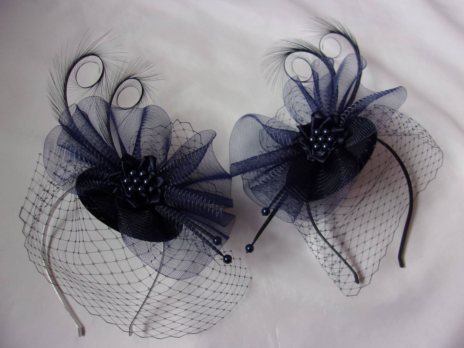 Navy Veiled Fascinator Midnight Blue Curl Feather Veil & Etsy