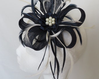 Navy Blue and Warm Neutrals Sinamay Loop Fascinator Mini Hat Headpiece Pearls Wedding Races Peach Ivory Orange Yellow Gold  - Made to Order