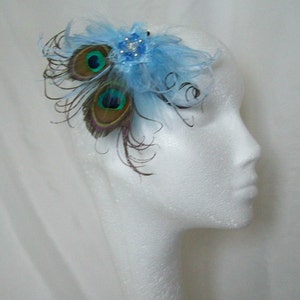 Pale Ice Blue Peacock Feather & Pearl Small Vintage Hair Clip Fascinator or Vintage Style Flapper Band Gift Gifts Made to Order image 7