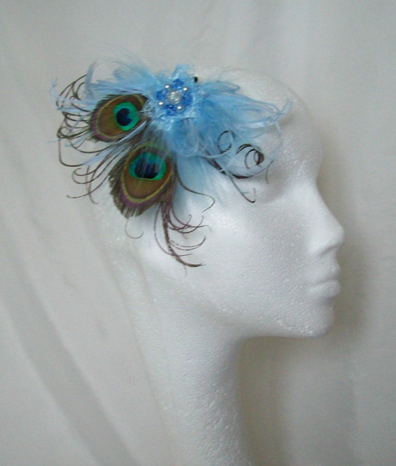 Pale Ice Blue Peacock Feather & Pearl Small Vintage Hair Clip Fascinator or Vintage Style Flapper Band Gift Gifts Made to Order image 7