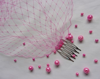 Pale Fuchsia Hot Pink Birdcage Bandeau Wedding Bridal Classic Veil with Combs or Hair Grips Hen Party Bachelorette - Made to Order