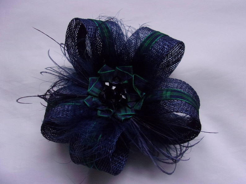 Scottish Burns Night Made to Order Navy Blue Fascinator Sinamay Loop with Blackwatch Tartan Mini Hair Clip Headpiece with Feathers