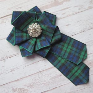 Black Watch Tartan Ruffle Rosette Rhinestone Diamante Stud Brooch Pin Scottish Plaid Ribbon Wedding Buttonhole Corsage - Made to Order