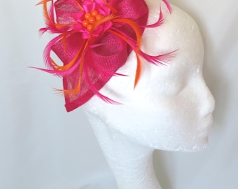 Feather Fascinator Hat - Cerise Raspberry Fuchsia Pink and Orange Bright Vibrant Sinamay Headpiece Wedding Garden Party - Made to Order