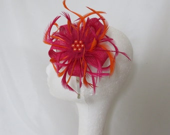 Dark Raspberry Pink and Bright Orange Vibrant Sinamay Loop Feather Clip Fascinator Mini Hat Headpiece Bag Wedding Races - Made to Order