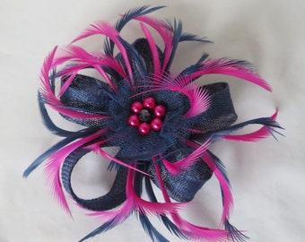 Navy Blue and Magenta Orchid Pink Sinamay Loop Feather Pearl Hair Clip Fascinator Headpiece Wedding Races - Made to Order
