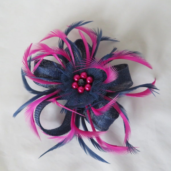 Navy Blue and Magenta Orchid Pink Sinamay Loop Feather Pearl Hair Clip Fascinator Headpiece Wedding Races - Made to Order