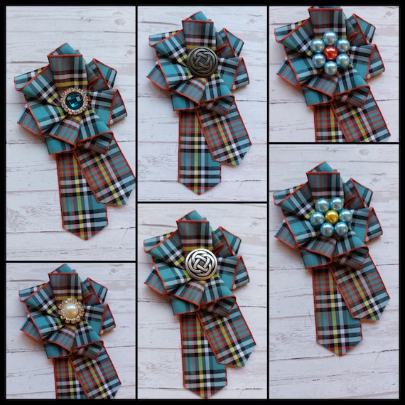 Anderson Pale Blue Tartan Ribbon Ruffle Rosette Small Brooch Pin Corsage - Burns Night Wedding Ceilidh - Made to Order
