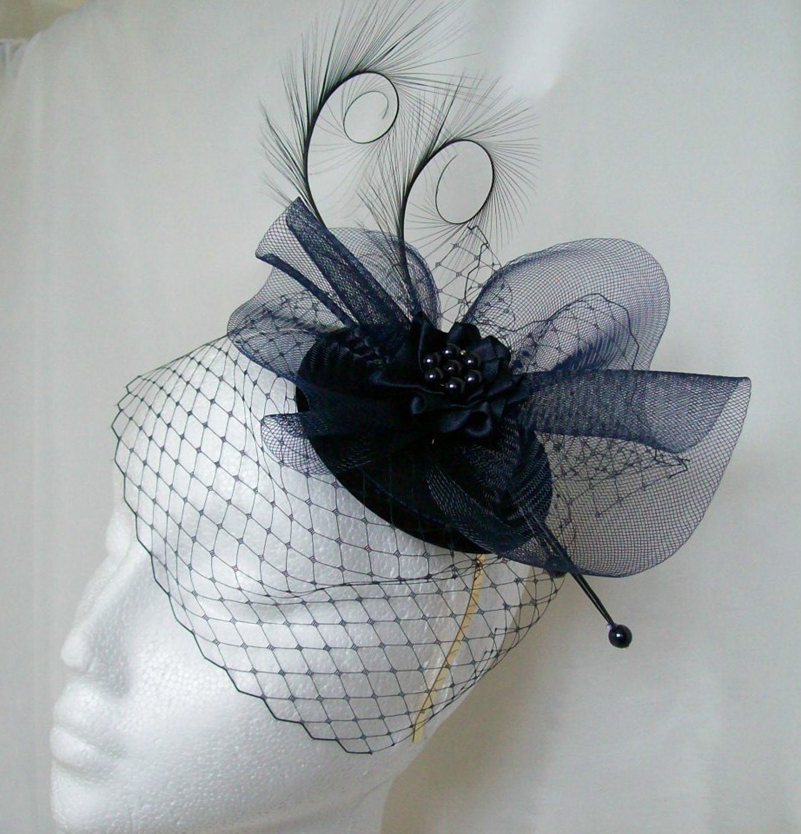 Navy Veiled Fascinator Midnight Blue Curl Feather Veil & Etsy