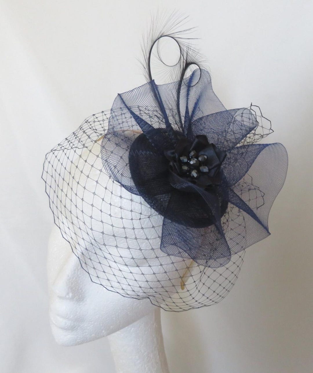 Navy Vintage Veiled Fascinator Midnight Blue Curl Feather Veil