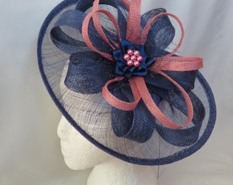 Light Navy Blue and Dusky Rose Pink Hat - Sinamay Loops & Pearls Saucer Fascinator Hatinator Formal Wedding Derby Ascot -  Made to Order