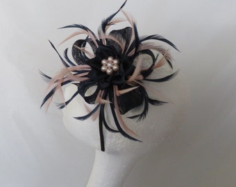 Navy Blue and Very Pale Quartz Pink Sinamay Loop Feather Pearl Clip Fascinator Mini Hat Headpiece Wedding Races - Made to Order