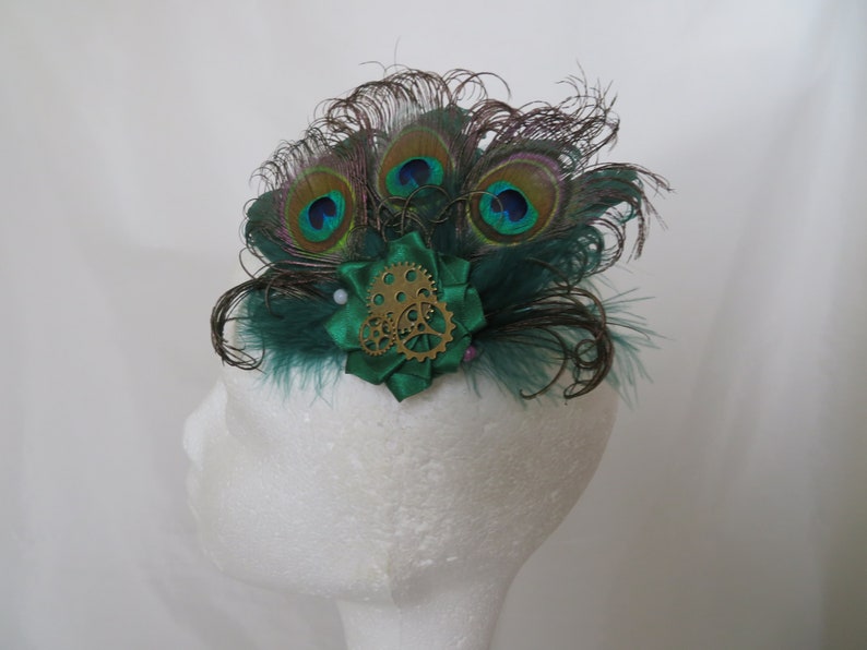 Bottle Green Peacock Feather and Pearl Steampunk Rustic Mini Hair Clip Fascinator Headpiece Gift Racing Hunter Wedding Made to Order image 7