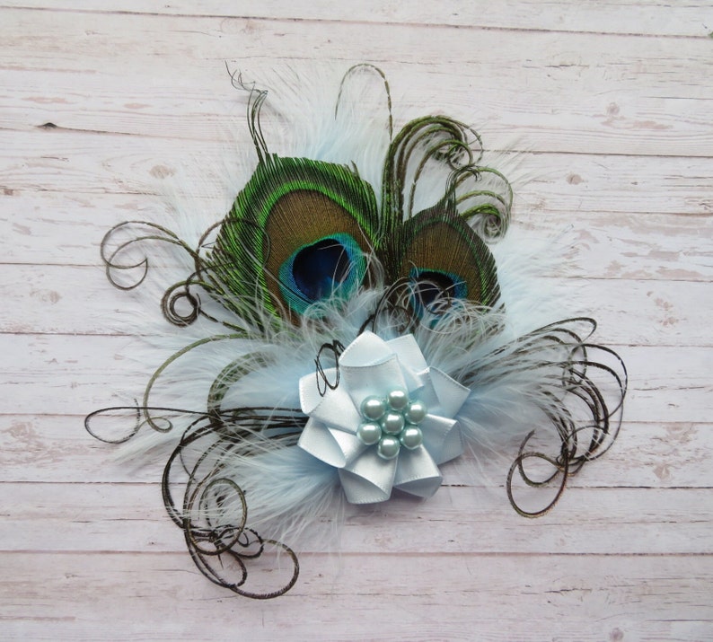 Pale Ice Blue Peacock Feather & Pearl Small Vintage Hair Clip Fascinator or Vintage Style Flapper Band Gift Gifts Made to Order image 1