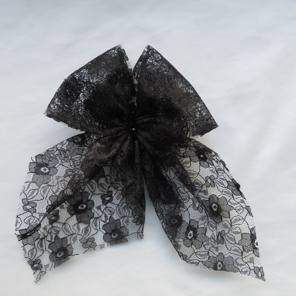 Black Vintage Shabby Chic Lace & Crystal Hair Bow - Girls Accessories Bows Clip in Bows - Retro Gothic Style Wedding Party - Ready Made