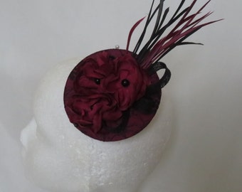 Burgundy Berry Wine and Black Lace Flower Blossom & Feather Cocktail Percher Hat Fascinator Wedding Races Ascot - Ready to Wear