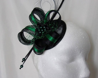 Black Bottle Green Fascinator- Deep Emerald Racing Green Curl Feather Sinamay & Pearl Wedding Mini Hat Ascot Derby - Made to Order