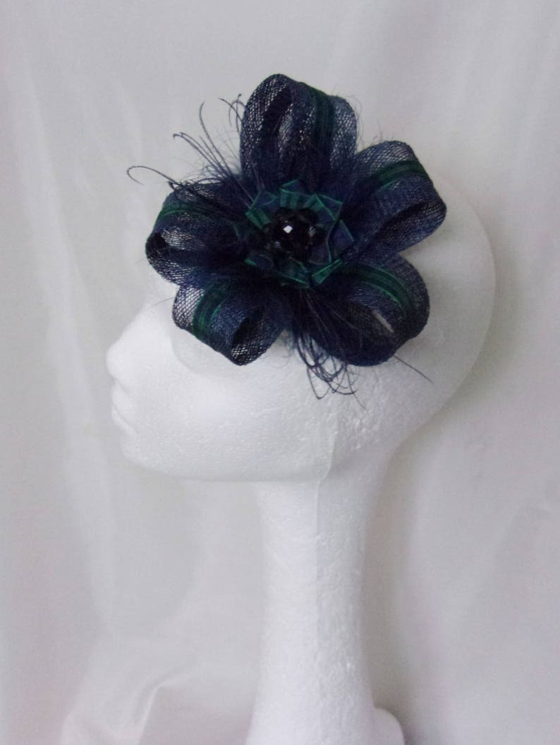 Scottish Burns Night Made to Order Navy Blue Fascinator Sinamay Loop with Blackwatch Tartan Mini Hair Clip Headpiece with Feathers
