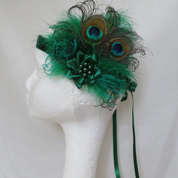 Emerald Flapper Band Jade Green Peacock Feather & Pearl Crystal 1920's Gatsby Style Ribbon Tie Headband Headpiece - Made to Order