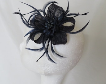 Navy Blue Sinamay Loop Feather Crystal Clip Fascinator Mini Hat Headpiece Wedding Races - Made to Order