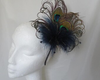 Navy Blue Peacock Feather & Crystal Wedding Fascinator Hair Comb Band Regency Burlesque Vintage - Made to Order