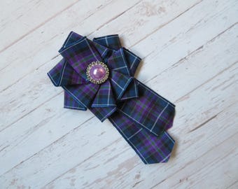Pride of Scotland Tartan Ruffle Rosette Pearl Mini Brooch Pin Purple Scottish Highland Plaid Ribbon Wedding Corsage Gift- Made to Order