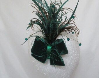 Bottle Green and Gold Feather Plume Crystal & Velvet Bow Regency Style Vintage Comb Fascinator Headpiece Wedding Costume - Ready Made